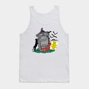 illustration of a graveyard tombstone and elements of witches represents a spell in process. Tank Top